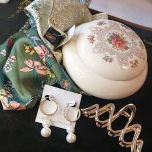 Lot Vintage Trinket Box 26" Square Scarf FAC Pearl Earrings Hair Clip